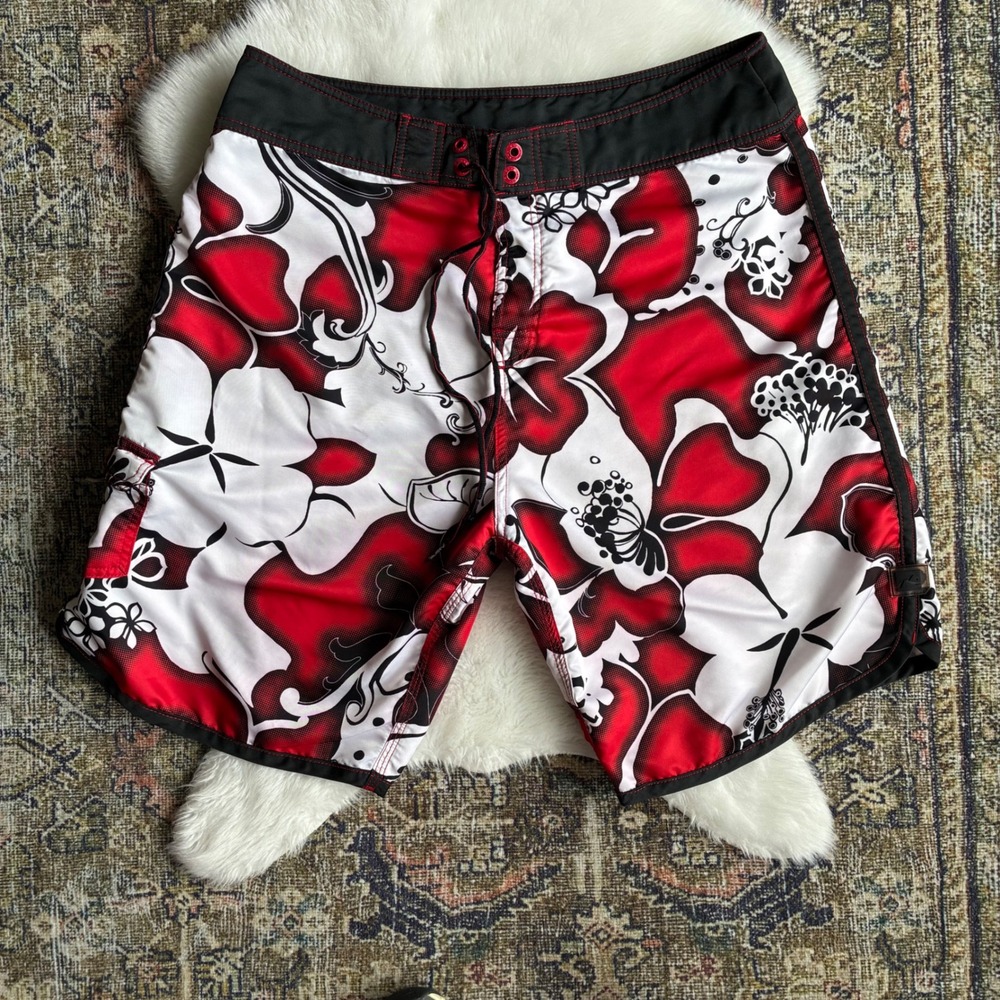 Rusty Mens Red Floral Hibiscus Boardshorts Swim Trunks Size 36 RTR554 Y2K surf
